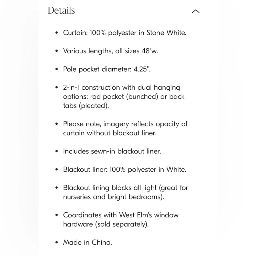 NIB West Elm Crossweave Blackout Curtain in Stone White 48 X 108 Single Panel